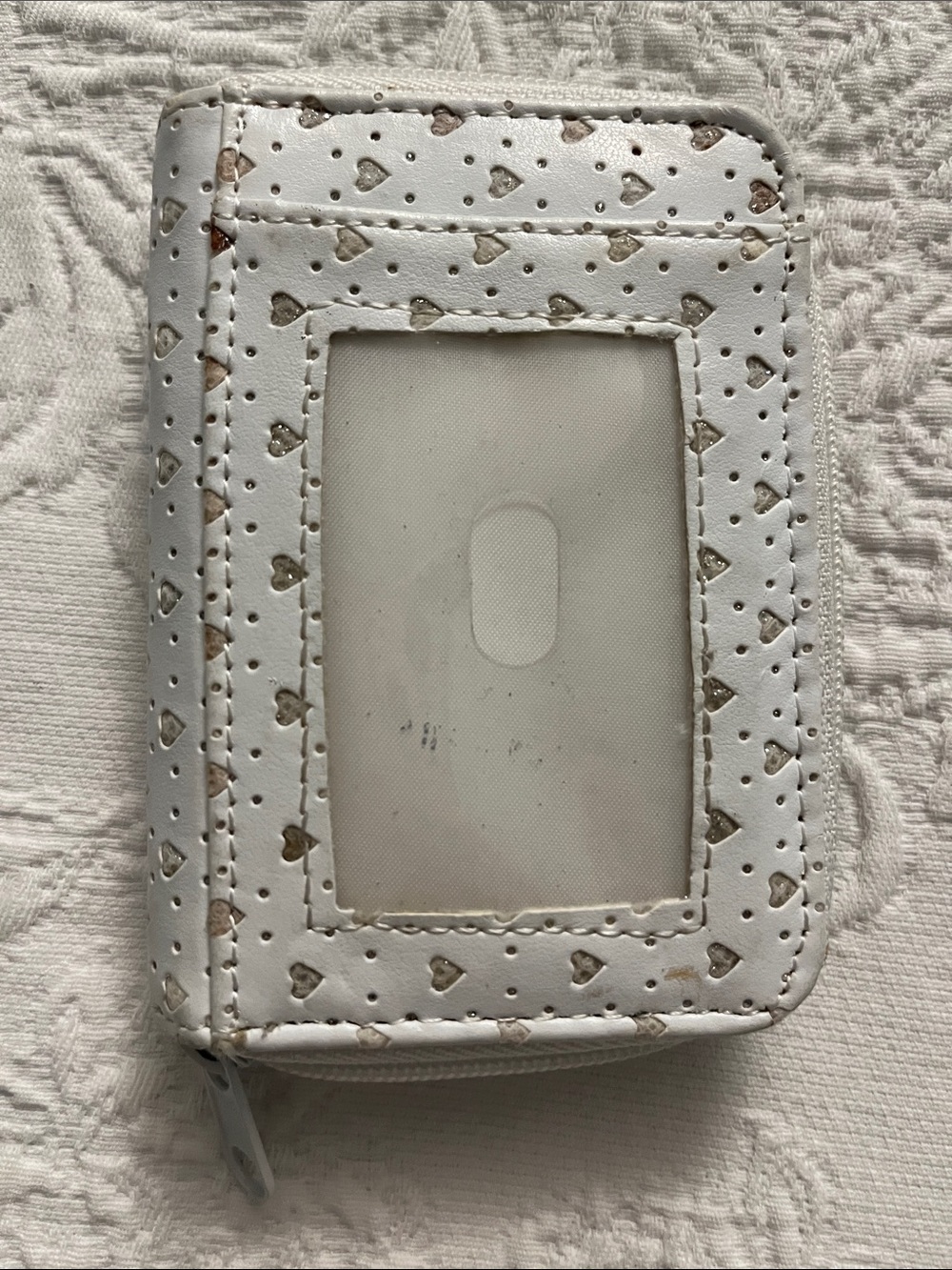 White Leather Wallet with Silver Glitter Hearts